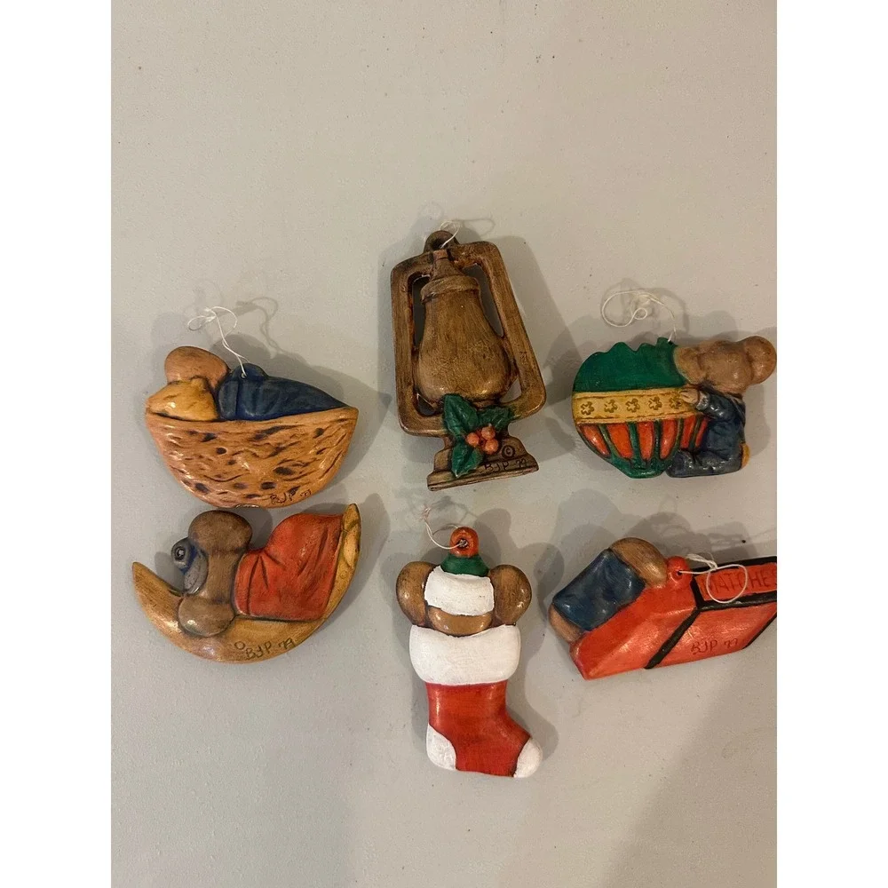 Vintage 1979 BJP Hand Painted Christmas Mouse Ornaments Set of 6 Mixed Lot